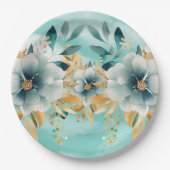 ティール（緑がかった色）及び金ゴールドフローラエレガント紙プレート ペーパープレート (正面)
