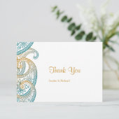 ティール(緑がかった色)及び金ゴールドペイズリー伝統的結婚インディアン サンキューカード (スタンド正面)