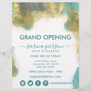 ティール(緑がかった色)及び金ゴールドモダンアートインク事業フライヤー チラシ