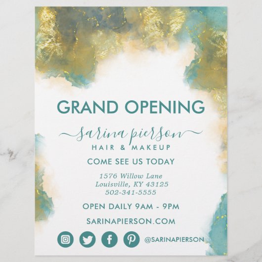 ティール(緑がかった色)及び金ゴールドモダンアートインク事業フライヤー チラシ (正面)