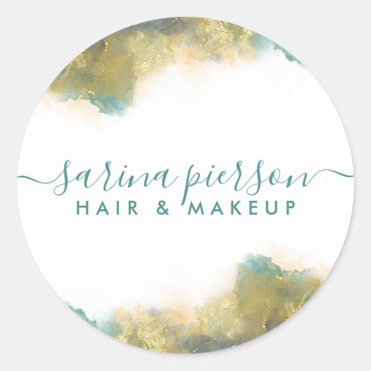 ティール（緑がかった色）及び金ゴールドモダンアート液水カラーインク ラウンドシール (正面)