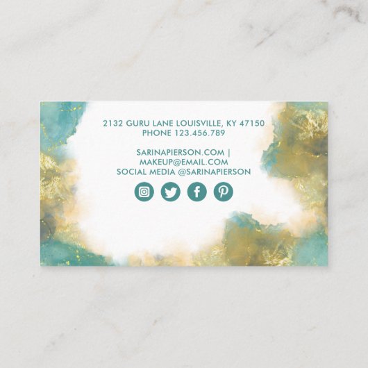 ティール（緑がかった色）及び金ゴールドモダンアート液水カラーインク ロイヤリティカード (裏面)