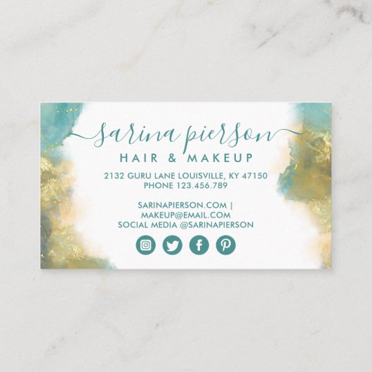 ティール（緑がかった色）及び金ゴールドモダンアート液水カラーインク 予約カード (裏面)