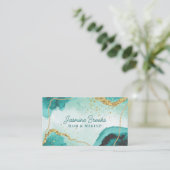 ティール(緑がかった色)及び金ゴールドモダングリッター 名刺 (スタンド正面)