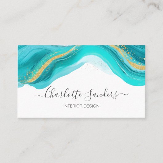 ティール（緑がかった色）及び金ゴールドモダン水彩アートインク 名刺 (正面)