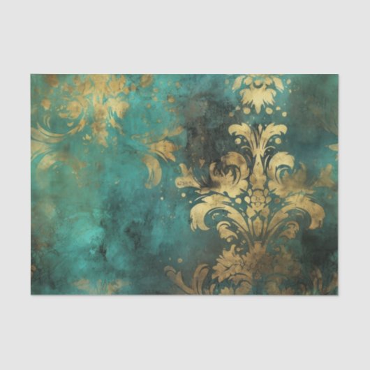 ティール(緑がかった色)及び金ゴールド動揺して素朴ヴィンテージグランジ 薄葉紙 (正面)