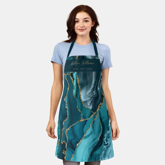 ティール(緑がかった色)及び金ゴールド瑪瑙美しいプロフェッショナルエプロン エプロン (着用した状態)