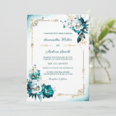 ティール(緑がかった色)及び金ゴールド結婚テンプレート 招待状 (スタンド正面)