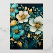 ティール(緑がかった色)及び金ゴールド結婚フローラ箔招待状 箔招待状 (裏面)