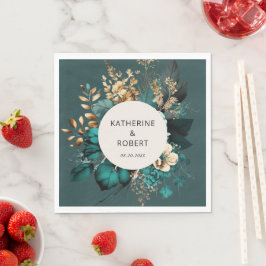 ティール(緑がかった色)及び金ゴールド結婚フローラ紙 スタンダードランチョンナプキン