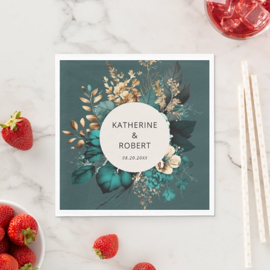 ティール(緑がかった色)及び金ゴールド結婚フローラ紙 スタンダードランチョンナプキン (インサイチュ)