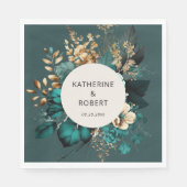ティール(緑がかった色)及び金ゴールド結婚フローラ紙 スタンダードランチョンナプキン (正面)