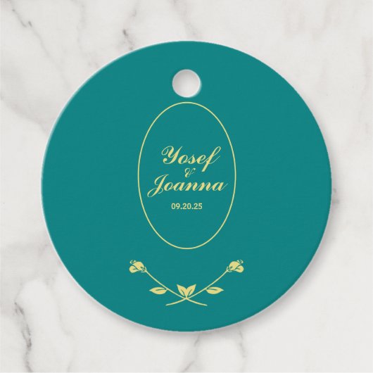 ティール(緑がかった色)及び金ゴールド結婚式の引き出物ラベル フェイバータグ (正面)