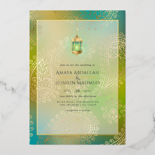 ティール（緑がかった色）及び金箔アラビ結婚アン箔招待状 箔招待状 (正面)