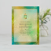 ティール（緑がかった色）及び金箔アラビ結婚アン箔招待状 箔招待状 (立ち正面)