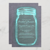 ティール（緑がかった色）及び銀のメーソンジャーのブライダルシャワー招待状 招待状 (正面/裏面)