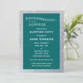 ティール(緑がかった色)及び銀グリッターサプライズパーティー誕生日 招待状 (スタンド正面)