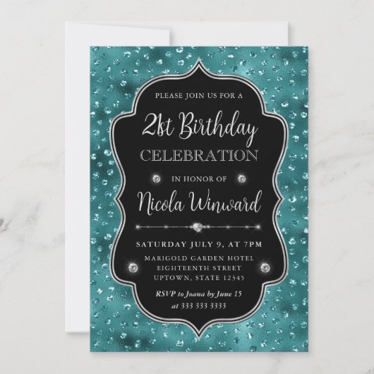 ティール（緑がかった色）及び銀グリッタードットフレーム誕生日 招待状 (正面)