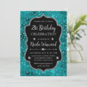 ティール（緑がかった色）及び銀グリッタードットフレーム誕生日 招待状 (スタンド正面)