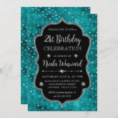 ティール（緑がかった色）及び銀グリッタードットフレーム誕生日 招待状 (正面/裏面)