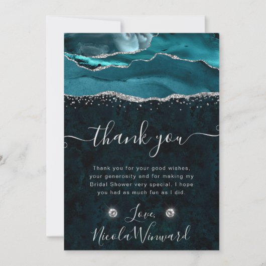 ティール（緑がかった色）及び銀グリッター瑪瑙ブライダルシャワー サンキューカード (正面)
