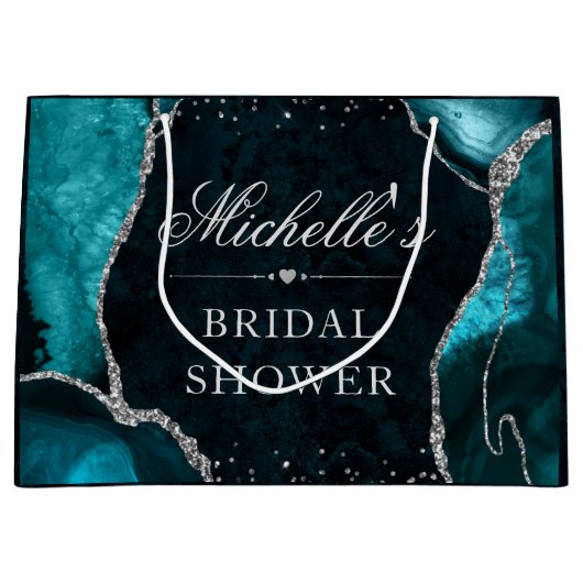 ティール（緑がかった色）及び銀グリッター瑪瑙ブライダルシャワー ラージペーパーバッグ (正面)