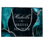 ティール（緑がかった色）及び銀グリッター瑪瑙ブライダルシャワー ラージペーパーバッグ (裏面)