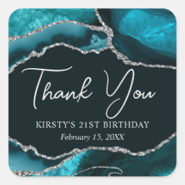 ティール（緑がかった色）及び銀フェイクグリッターアゲート誕生日 スクエアシール