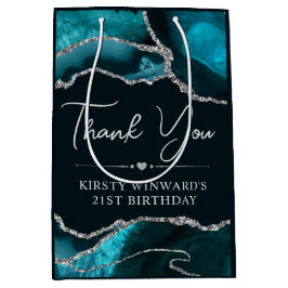 ティール（緑がかった色）及び銀フェイクグリッターアゲート誕生日 ミディアムペーパーバッグ