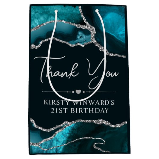 ティール（緑がかった色）及び銀フェイクグリッターアゲート誕生日 ミディアムペーパーバッグ (正面)