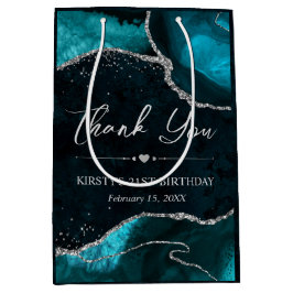 ティール（緑がかった色）及び銀フェイクグリッターアゲート誕生日 ミディアムペーパーバッグ