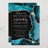 ティール（緑がかった色）及び銀フェイクグリッターアゲート誕生日 招待状 (正面/裏面)