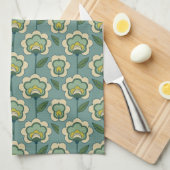 ティール(緑がかった色)及び黄色い花パターン キッチンタオル (四つ折り)