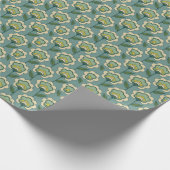 ティール（緑がかった色）及び黄色い花パターン ラッピングペーパー (角)