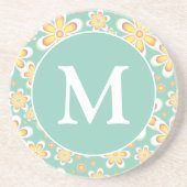 ティール(緑がかった色)及び黄色春花模様モノグラム コースター (正面)