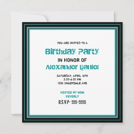ティール（緑がかった色）及び黒のグランジな第16誕生日 招待状 (裏面)