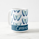 ティール（緑がかった色）名前をカスタムするかわいい美しい蝶 コーヒーマグカップ (正面左)