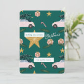 ティール(緑がかった色)図解入りの、写真付きのピンククリスマスツリーカーズホリデー シーズンカード (スタンド正面)