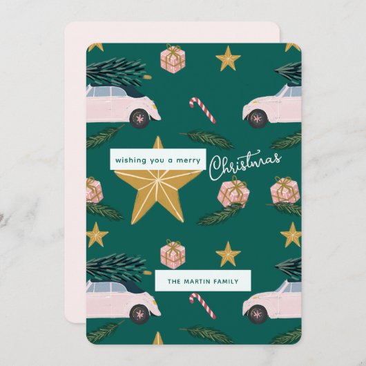 ティール(緑がかった色)図解入りの、写真付きのピンククリスマスツリーカーズホリデー シーズンカード (正面/裏面)