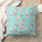 ティール（緑がかった色）夏おもしろいフラワーアイスクリームコーン – パターン クッション (ブランケット)