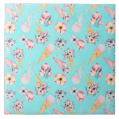 ティール(緑がかった色)夏おもしろいフラワーアイスクリームコーン – パターン タイル (正面)