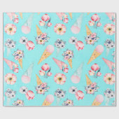 ティール(緑がかった色)夏おもしろいフラワーアイスクリームコーン – パターン ラッピングペーパー (フラット)