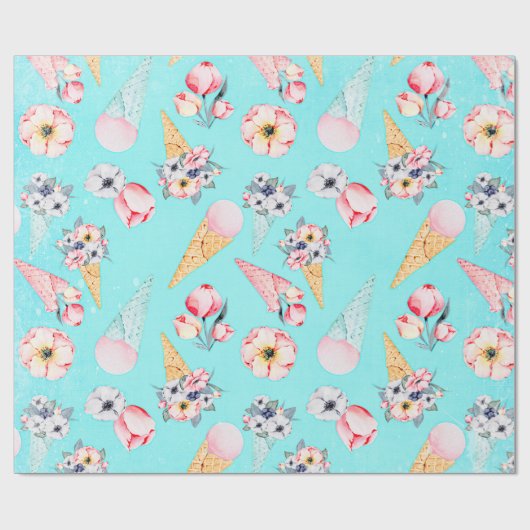 ティール(緑がかった色)夏おもしろいフラワーアイスクリームコーン – パターン ラッピングペーパー (フラット)