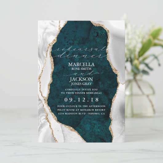 ティール（緑がかった色）、大理石ホワイト&金ゴールドアゲートディナーリハーサルI 招待状 (スタンド正面)