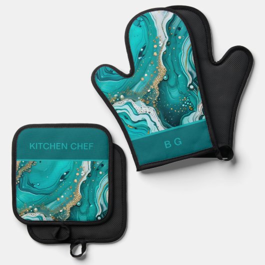 ティール（緑がかった色）大理石海 鍋つかみ&鍋敷きセット (正面/裏面)