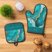 ティール(緑がかった色)大理石海 鍋つかみ&鍋敷きセット (トップダウン)