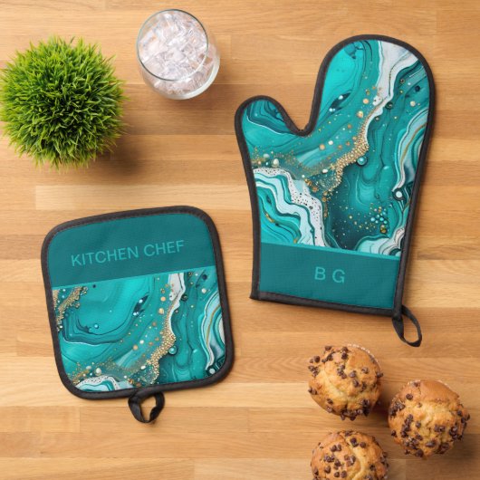 ティール(緑がかった色)大理石海 鍋つかみ&鍋敷きセット (トップダウン)
