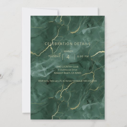 ティール（緑がかった色）大理石50誕生日 招待状 (裏面)