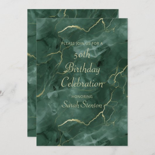 ティール（緑がかった色）大理石50誕生日 招待状 (正面/裏面)
