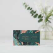 ティール（緑がかった色）大理石&バラ金ゴールドポリッシュ 名刺 (スタンド正面)